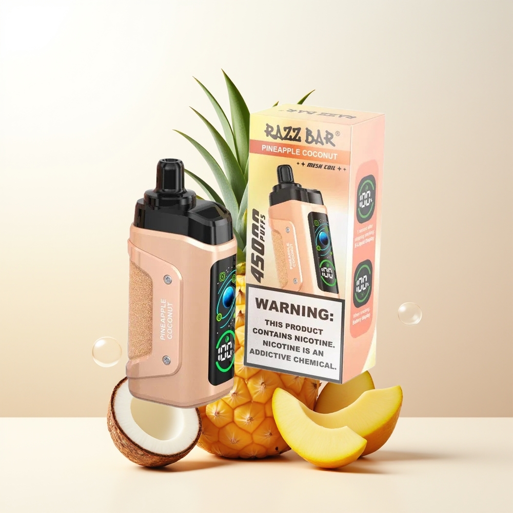 Razz Bar 45000 Puffs Engångs Vape Ananas Kokosnöt 10 Ohm Mesh Coil Justerbar Luftflöde Typ-C Laddningsbar