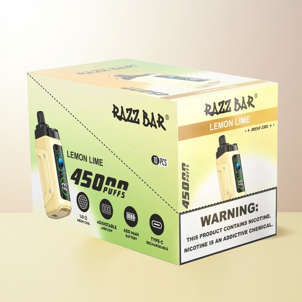 Razz Bar 45000 Puffs Engångs Vape Citron Lime 10 Ohm Mesh Coil Justerbar Luftflöde Typ-C Uppladdningsbar 20 mg/ml Nikotinstyrka
