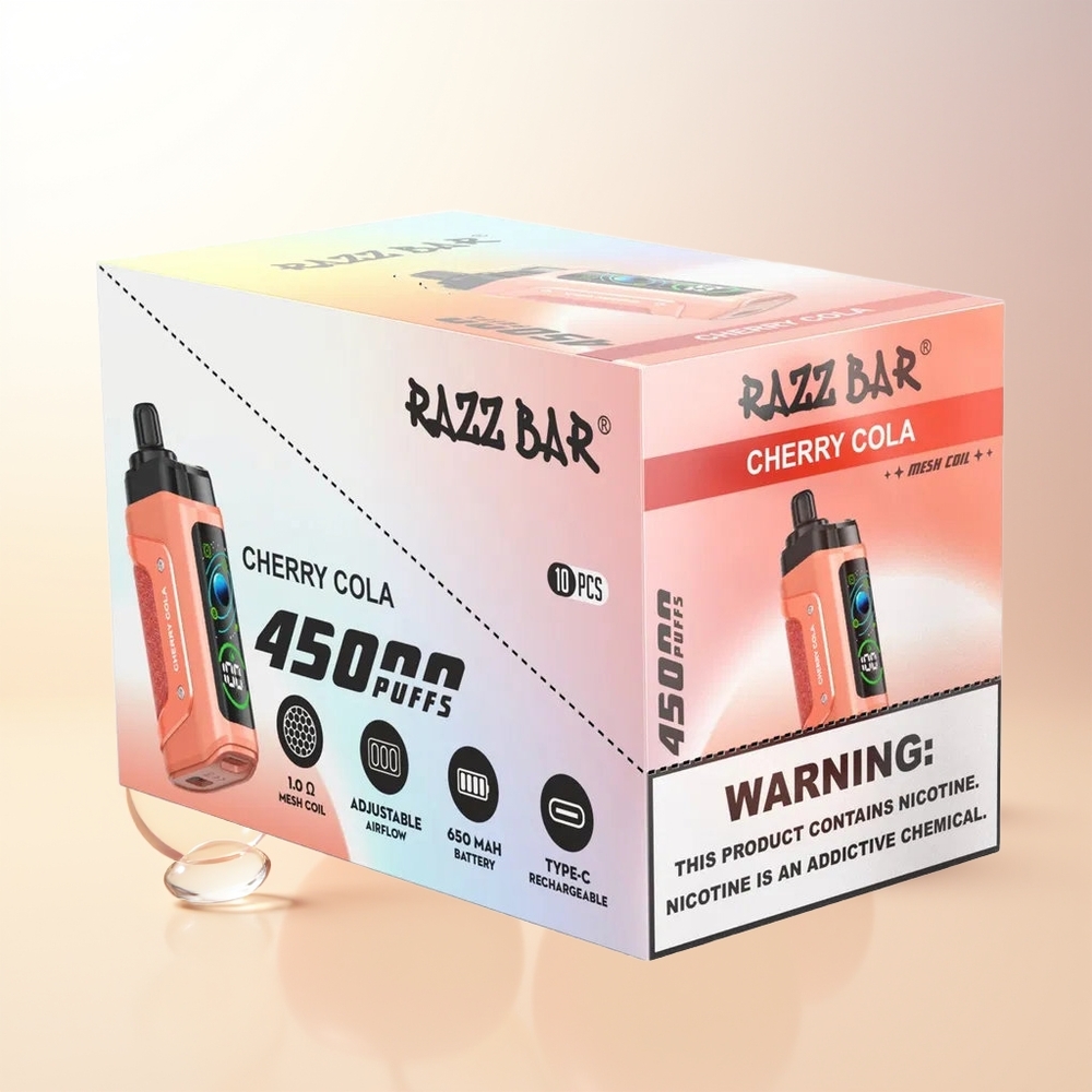 Razz Bar 45000 Puffs Engångs Vape Körsbär Cola Mesh Coil Justerbar Luftflöde Type-C