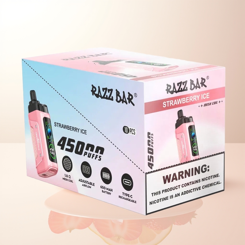 Razz Bar 45000 Puffs Jordgubb Is 10 Ohm Mesh Coil Justerbar Luftflöde 650 Mah Batteri Type-C Uppladdningsbar 20 mg/ml Nikotinstyrka