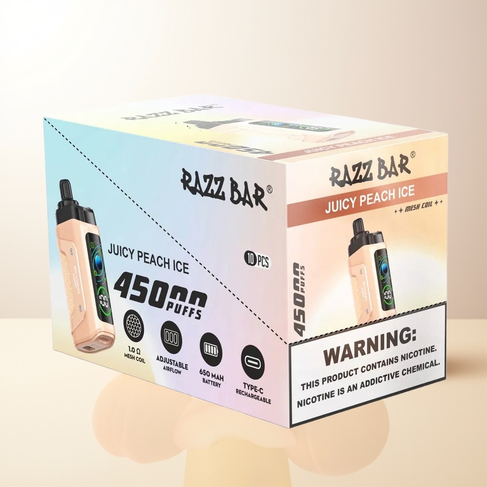 Razz Bar 45000 Puffs Saftig Persika Is 10 Ohm Mesh Coil Justerbar Luftflöde Typ-C Laddbar 20 mg/ml Nikotinstyrka