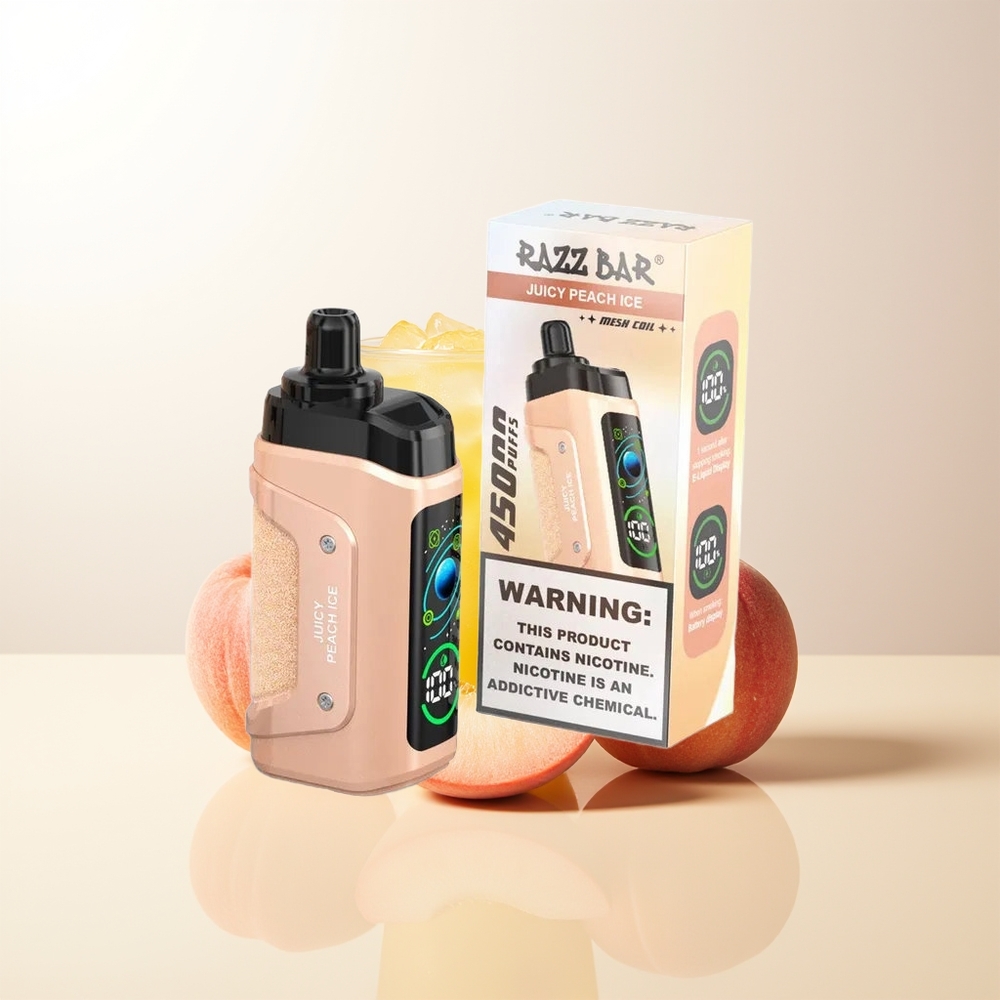 Razz Bar 45000 Puffs Saftig Persika Is 10 Ohm Mesh Coil Justerbar Luftflöde Typ-C Laddbar 20 mg/ml Nikotinstyrka