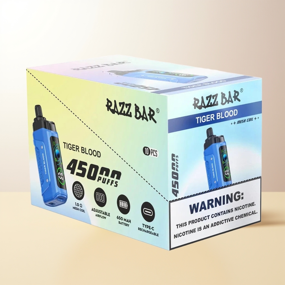 Razz Bar 45000 Puffs Tigerblod Mesh 10 Ohm Justerbar Luftflöde Typ-C