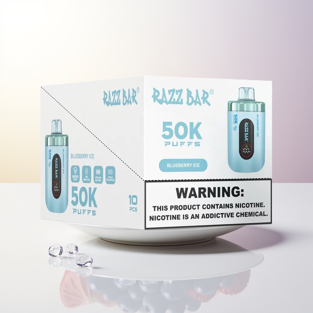 Razz Bar 50K Puffs Blåbär Is 10 Ohm Mesh Coil 650 Mah Battery Type-C Rechargeable 2 Nicotine