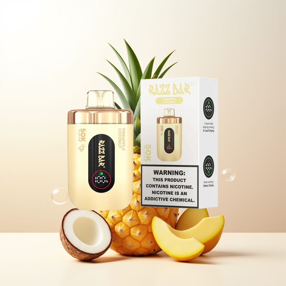 Razz Bar 50K Puffs Engångs Vape Ananas Kokosnöt 10 Ohm Mesh Coil 650 Mah Battery Type-C Laddningsbar 2 Nikotin