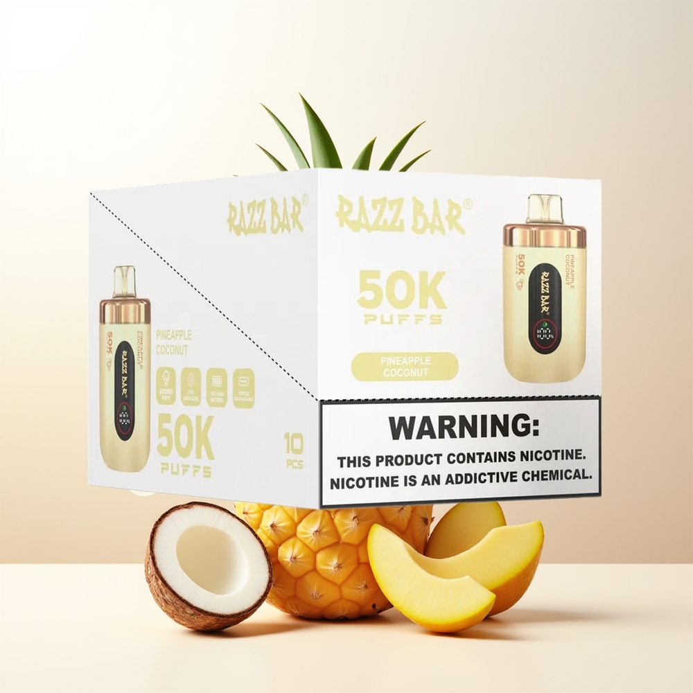 Razz Bar 50K Puffs Engångs Vape Ananas Kokosnöt 10 Ohm Mesh Coil 650 Mah Battery Type-C Laddningsbar 2 Nikotin