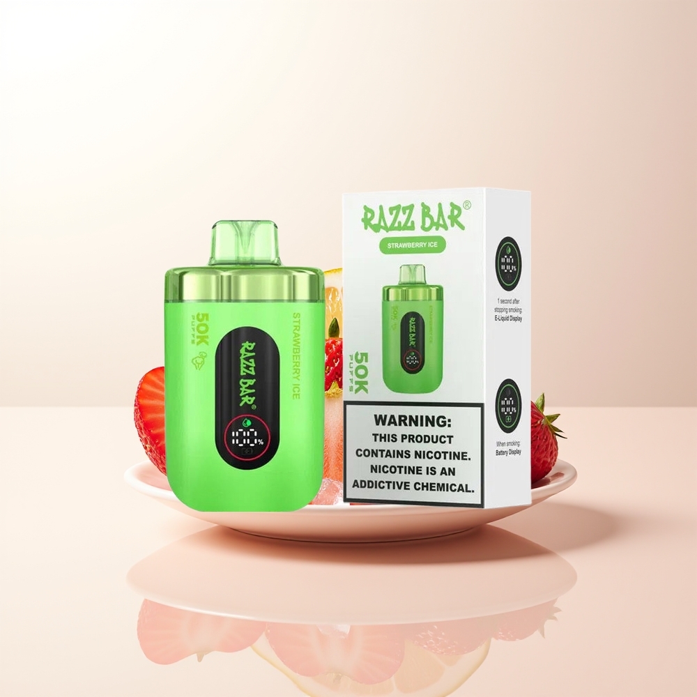 Razz Bar 50K Puffs Engångs Vape Jordgubb Is 10 Ohm Mesh Coil 650 Mah Battery Type-C Laddbar 2 Nikotin