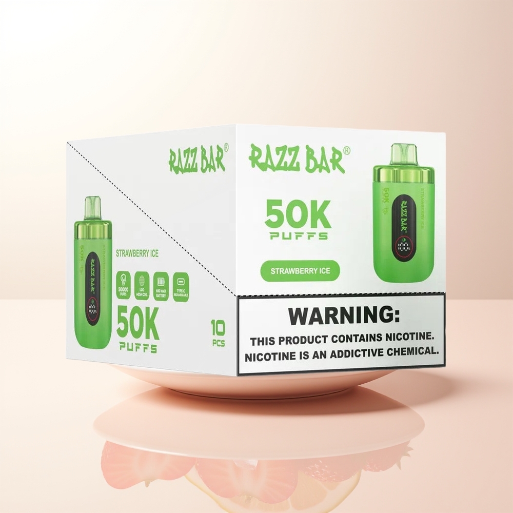 Razz Bar 50K Puffs Engångs Vape Jordgubb Is 10 Ohm Mesh Coil 650 Mah Battery Type-C Laddbar 2 Nikotin
