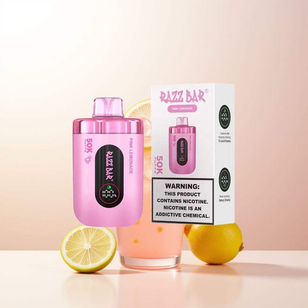 Razz Bar 50K Puffs Engångs Vape Rosa Citronad 10 Ohm Mesh Coil 650 Mah Battery Type-C Laddbar 2 Nikotin