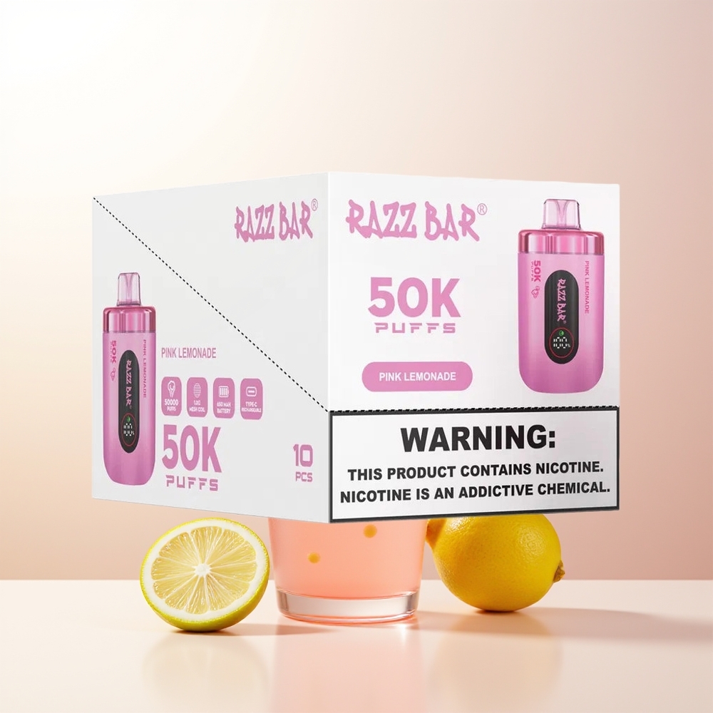 Razz Bar 50K Puffs Engångs Vape Rosa Citronad 10 Ohm Mesh Coil 650 Mah Battery Type-C Laddbar 2 Nikotin