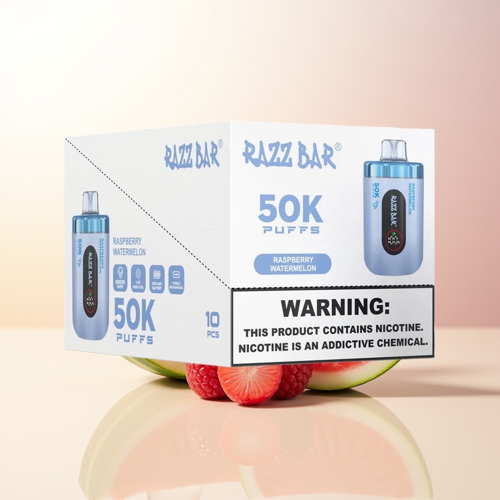 Razz Bar 50K Puffs Hallon Vattenmelon 10 Ohm Mesh Coil 650mAh Type-C 2 Nikotin