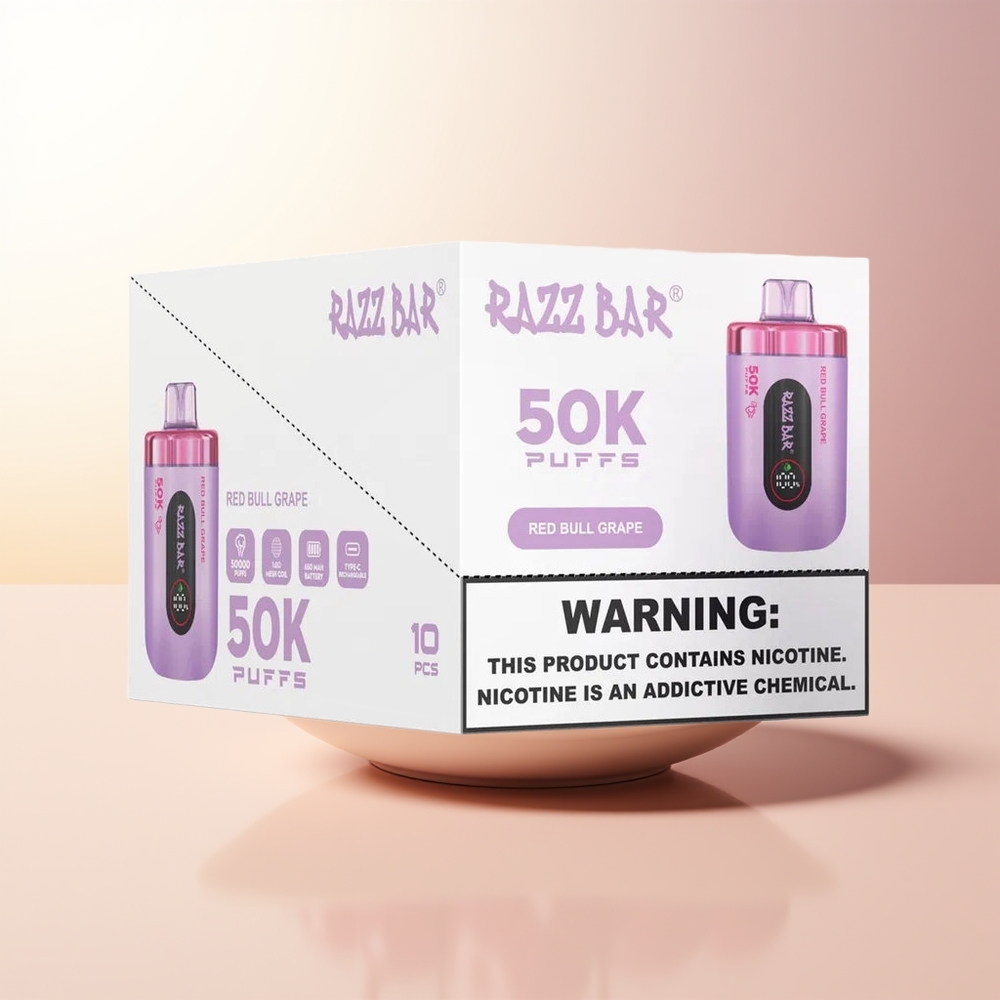 Razz Bar 50K Puffs Röd Tjur Druva 10 Ohm Mesh 650 Mah Type-C 2 Nikotin