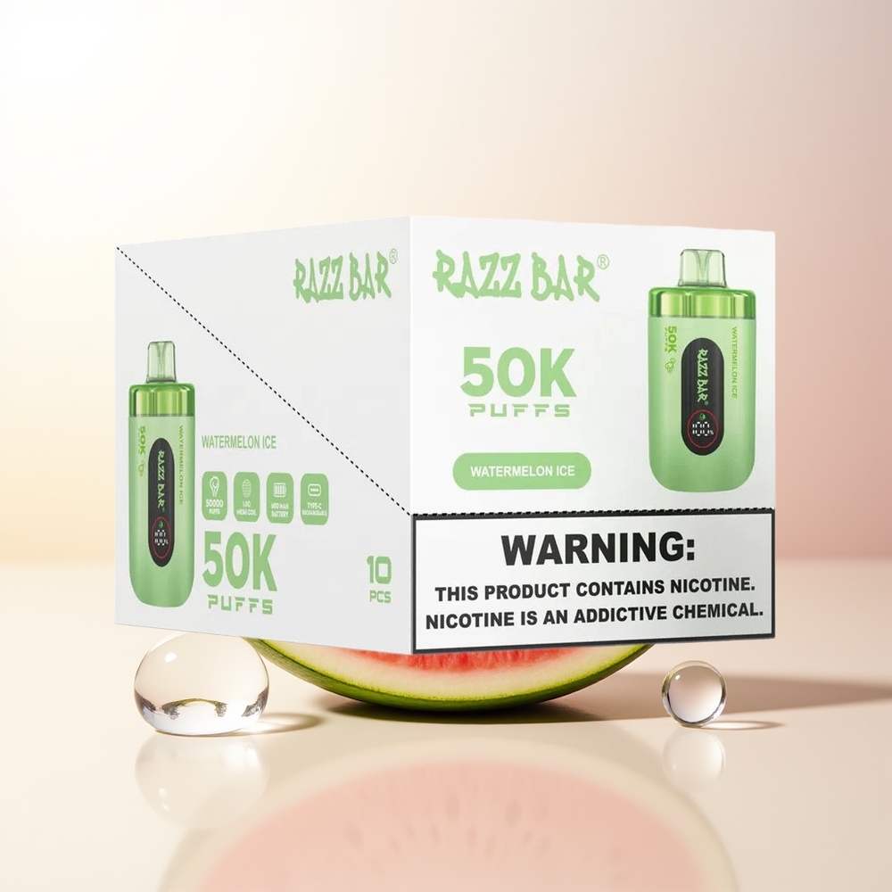 Razz Bar 50K Puffs Vattenmelon Is 10 Ohm Mesh Coil 650 Mah Battery Type-C 2 Nikotin